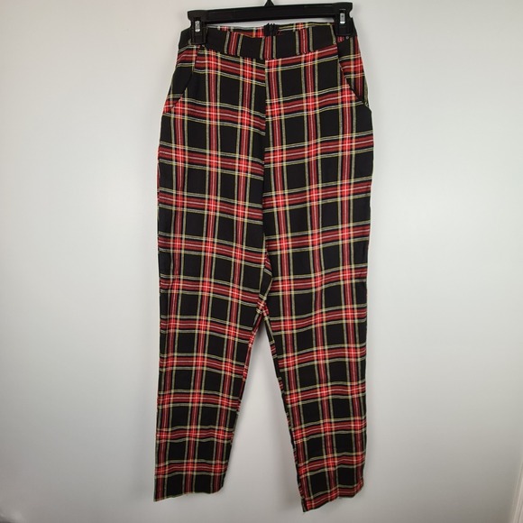 Romwe Women's Pants Small US 4 Red Black Plaid Trousers Zip Back Tapered Leg - Picture 1 of 11